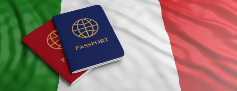 Italy work permit from India visual with passports placed on the Italian flag representing legal work visa process