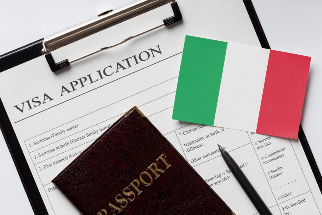 Italy work permit from India application form with passport and Italian flag representing official work visa submission