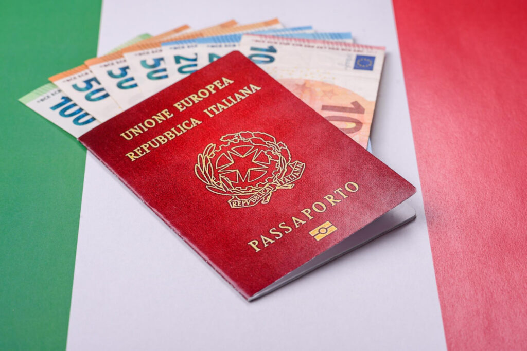 Italy work permit from India journey concept showing passport and euro notes over world map for overseas work planning