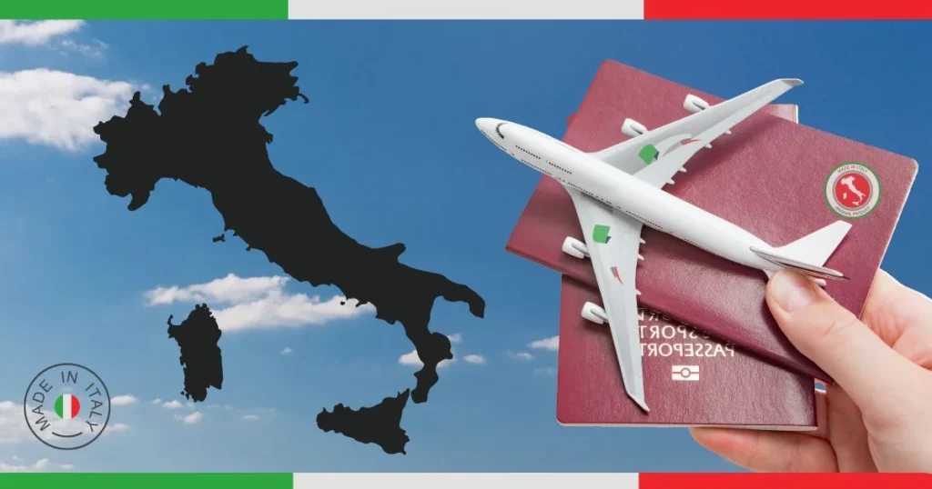 Italy work permit from India concept showing passport and airplane over map of Italy for overseas job migration