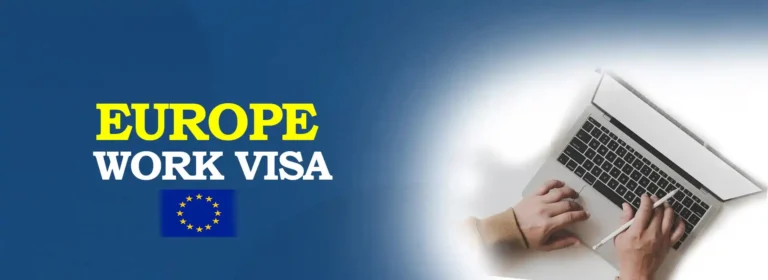 Europe work permit from India banner with EU flag and professional applying online for work visa on laptop