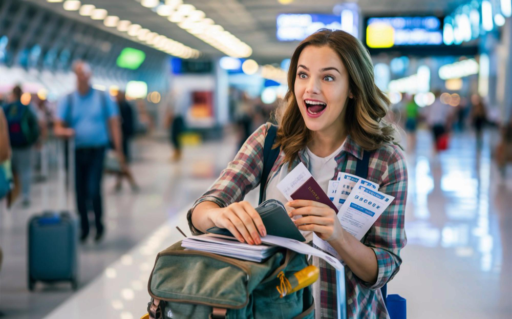 Excited female traveler at airport holding passport and tickets after successful tourist visa from India approval ready for international journey