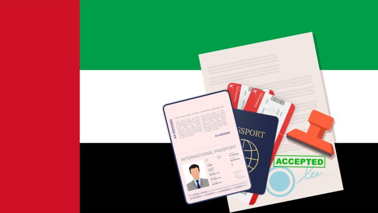 International passport, boarding pass, and travel documents on UAE flag background representing successful approval of a UAE work permit from India.