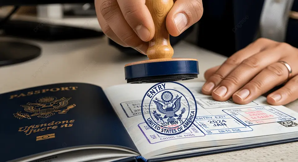 Immigration officer stamping entry visa on passport during international travel, symbolizing approval stage in the UAE work permit from India application process.