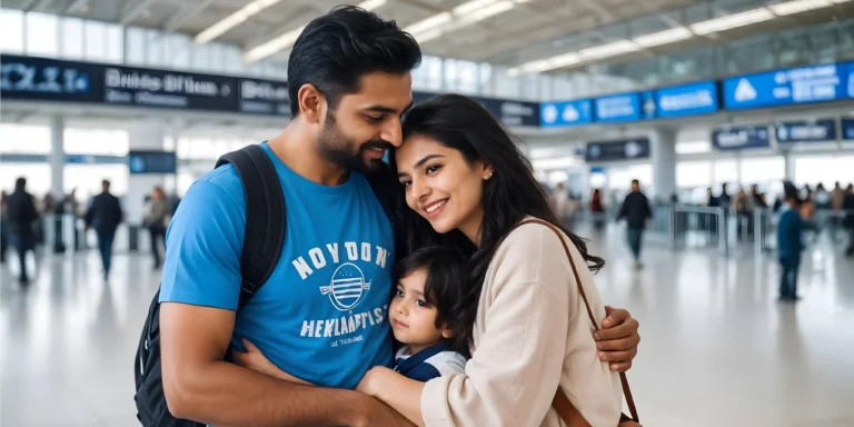 Happy family embracing at airport terminal after completing the family reunification visa process and joining a working parent abroad through legal dependent visa approval.